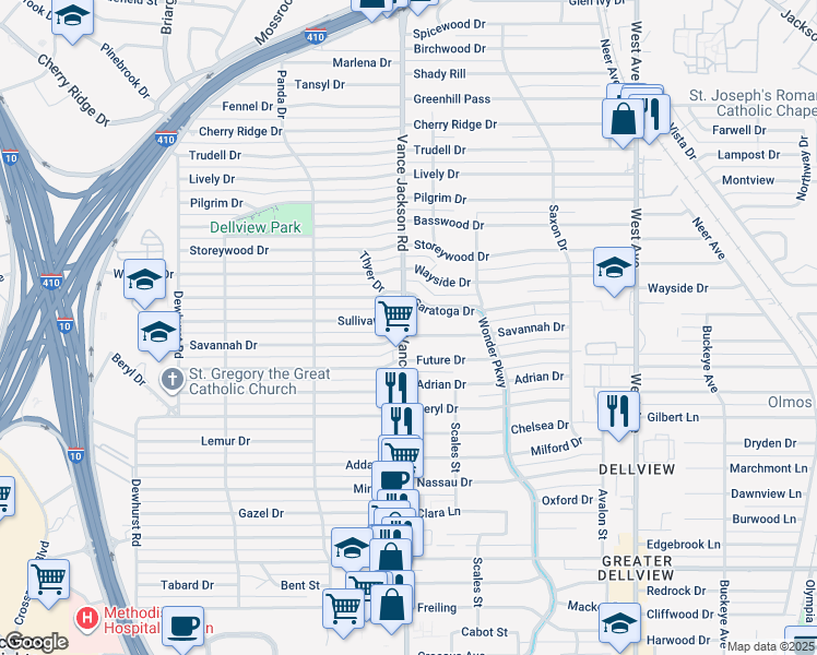 map of restaurants, bars, coffee shops, grocery stores, and more near 102 Sullivan Drive in San Antonio