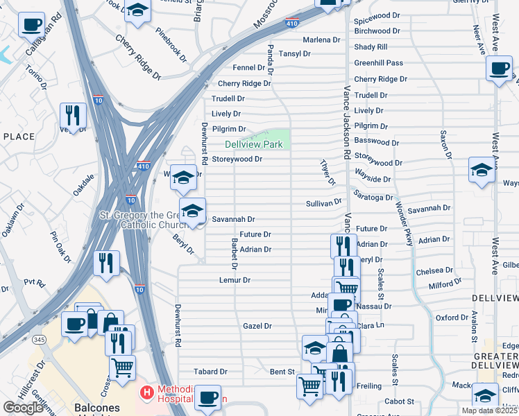 map of restaurants, bars, coffee shops, grocery stores, and more near 246 Sullivan Drive in San Antonio