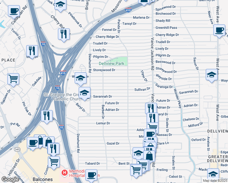 map of restaurants, bars, coffee shops, grocery stores, and more near 246 Sullivan Drive in San Antonio