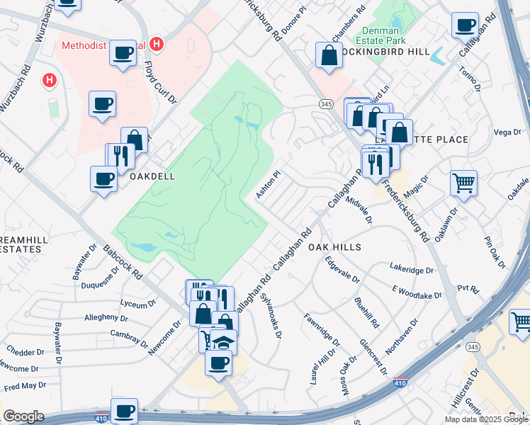 map of restaurants, bars, coffee shops, grocery stores, and more near 7202 Winterwood Place in San Antonio