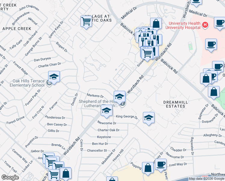 map of restaurants, bars, coffee shops, grocery stores, and more near 7043 Tourant Road in San Antonio