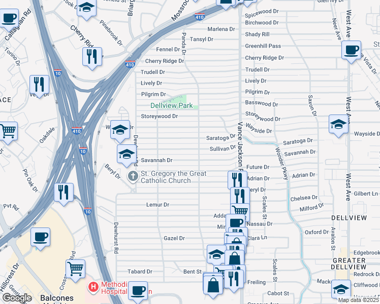 map of restaurants, bars, coffee shops, grocery stores, and more near 214 Sullivan Drive in San Antonio