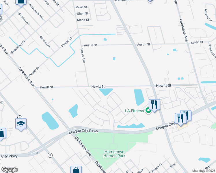 map of restaurants, bars, coffee shops, grocery stores, and more near 2328 Hewitt Street in League City