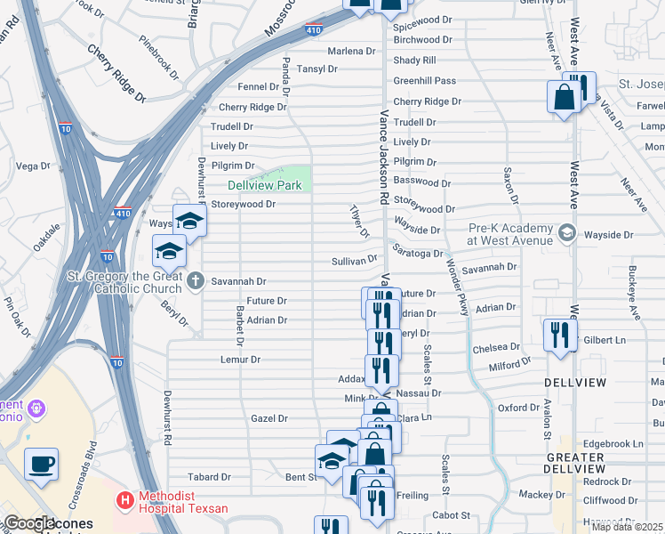 map of restaurants, bars, coffee shops, grocery stores, and more near 150 Sullivan Drive in San Antonio
