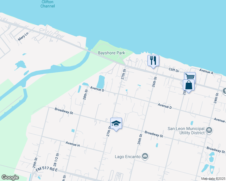 map of restaurants, bars, coffee shops, grocery stores, and more near 2710 Avenue D in San Leon