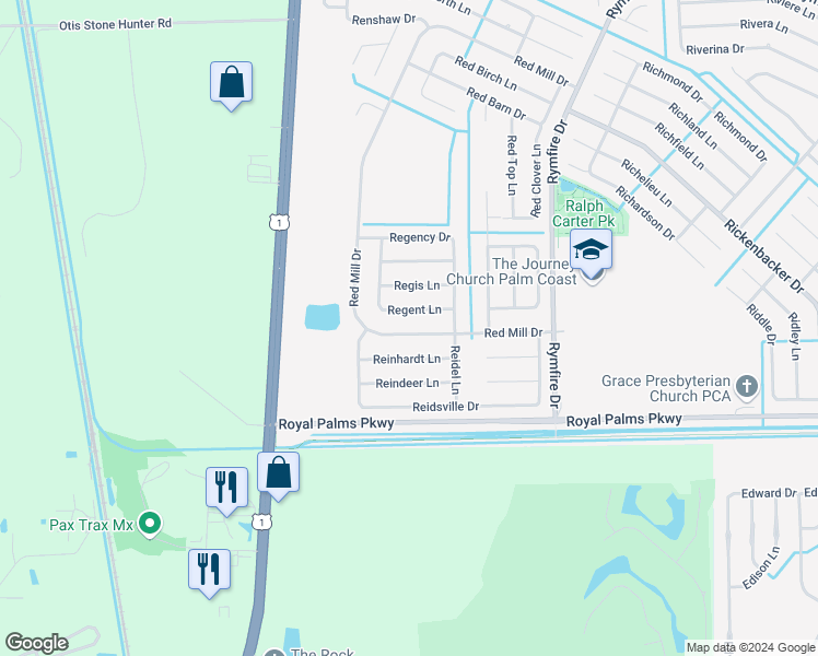 map of restaurants, bars, coffee shops, grocery stores, and more near 38 Red Mill Drive in Palm Coast