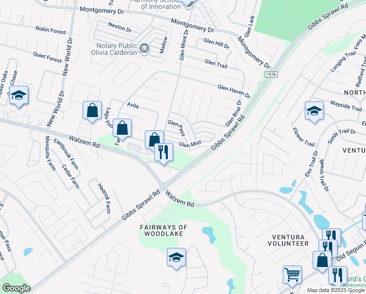 map of restaurants, bars, coffee shops, grocery stores, and more near 7048 Glen Mist in San Antonio