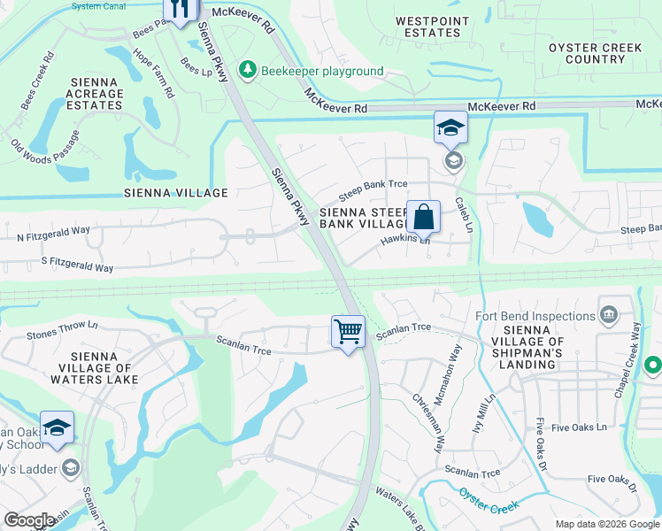 map of restaurants, bars, coffee shops, grocery stores, and more near Sienna Pkwy in Sienna Plantation