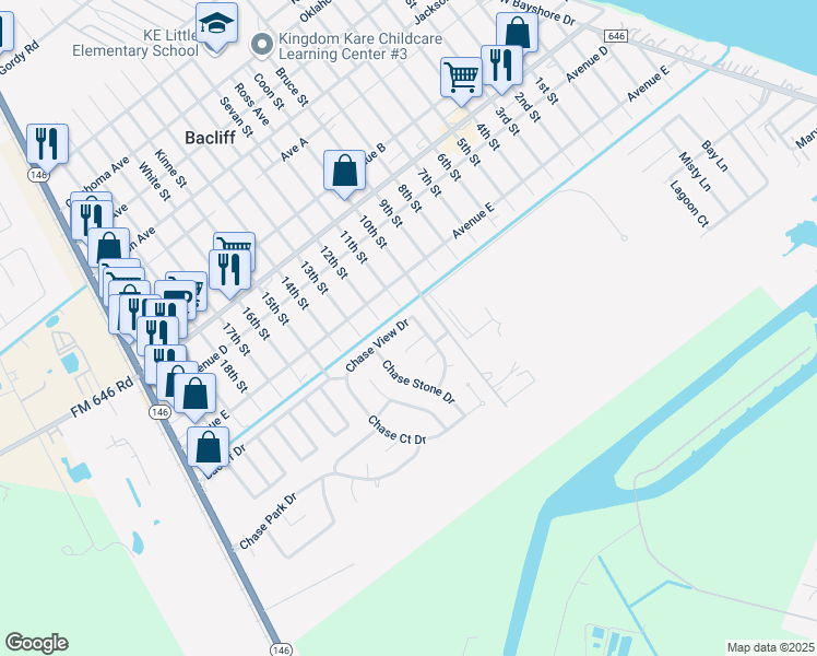 map of restaurants, bars, coffee shops, grocery stores, and more near 711 Chase View Drive in Bacliff