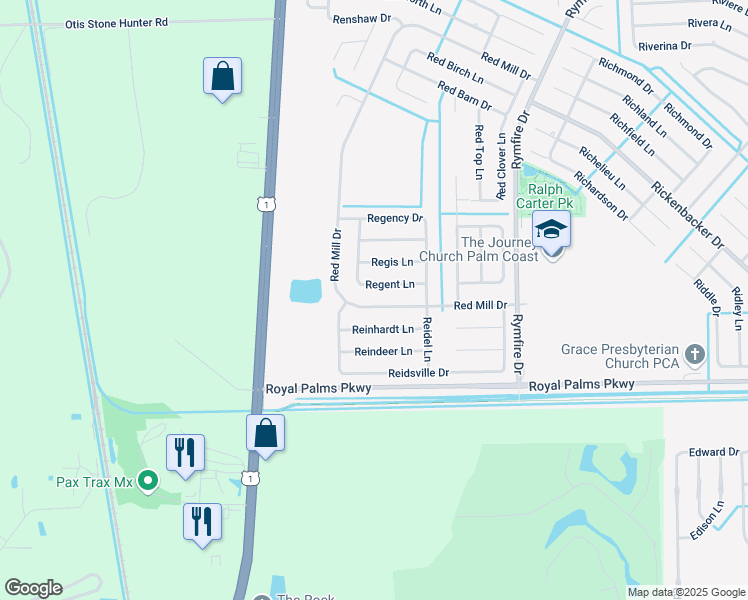 map of restaurants, bars, coffee shops, grocery stores, and more near 38 Red Mill Drive in Palm Coast