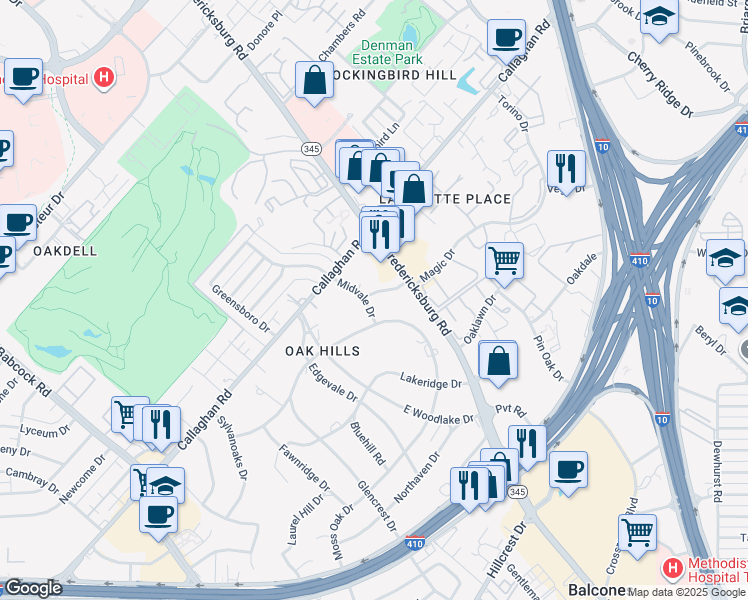 map of restaurants, bars, coffee shops, grocery stores, and more near 102 Winnetka Road in San Antonio
