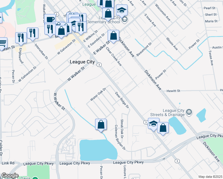 map of restaurants, bars, coffee shops, grocery stores, and more near 1235 Deer Ridge Drive in League City