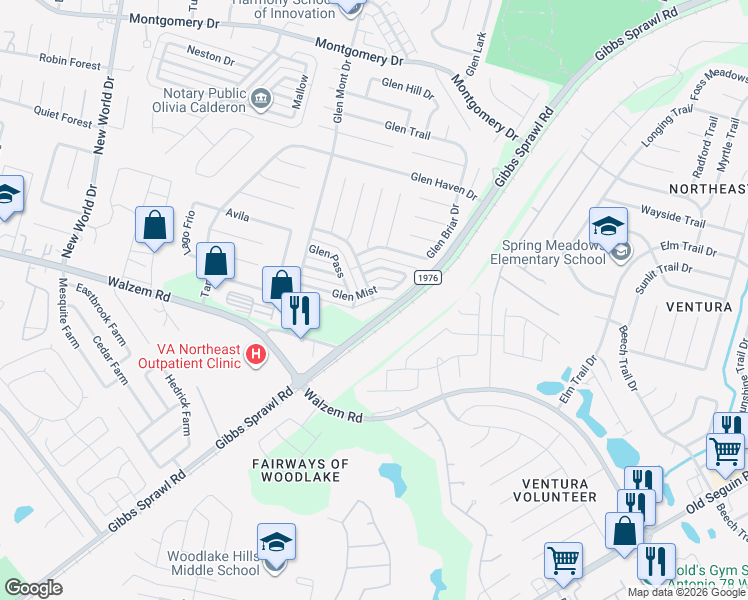 map of restaurants, bars, coffee shops, grocery stores, and more near 8410 Glen Meadows Drive in San Antonio