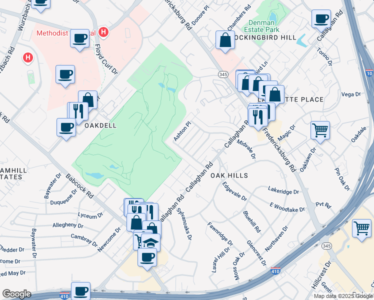 map of restaurants, bars, coffee shops, grocery stores, and more near 7202 Winterwood Place in San Antonio