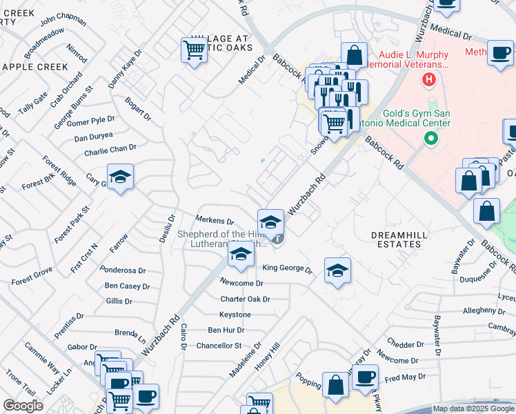 map of restaurants, bars, coffee shops, grocery stores, and more near 7043 Tourant Road in San Antonio
