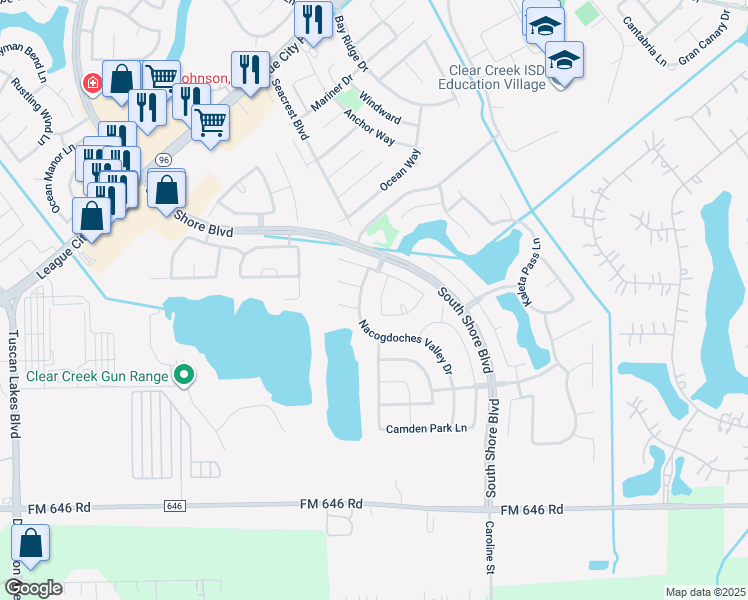 map of restaurants, bars, coffee shops, grocery stores, and more near 1423 Nacogdoches Valley Drive in Dickinson