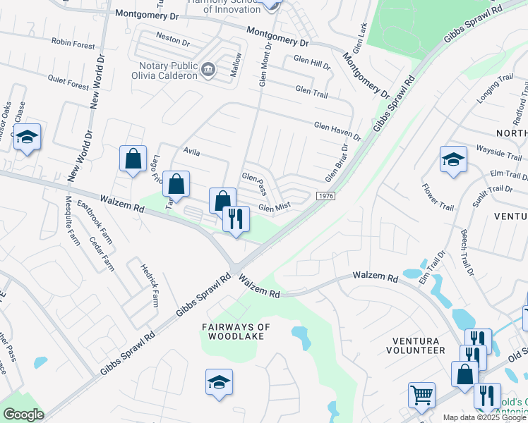 map of restaurants, bars, coffee shops, grocery stores, and more near 7048 Glen Mist in San Antonio