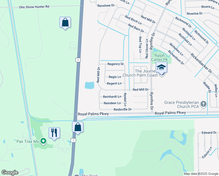 map of restaurants, bars, coffee shops, grocery stores, and more near 38 Red Mill Drive in Palm Coast
