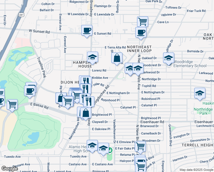 map of restaurants, bars, coffee shops, grocery stores, and more near 131 Hiler Road in San Antonio