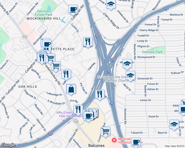 map of restaurants, bars, coffee shops, grocery stores, and more near 3434 Oakdale in San Antonio