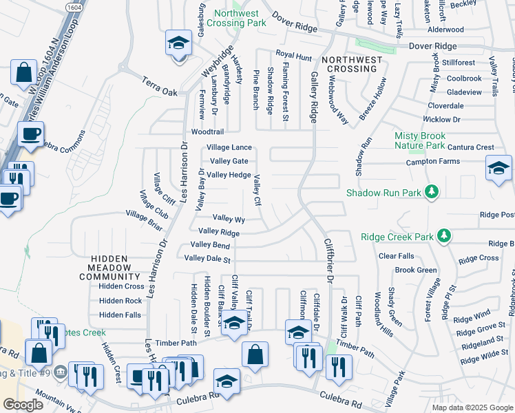 map of restaurants, bars, coffee shops, grocery stores, and more near 6142 Valley Cliff in San Antonio