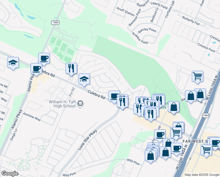 map of restaurants, bars, coffee shops, grocery stores, and more near 553 River Chase in San Antonio