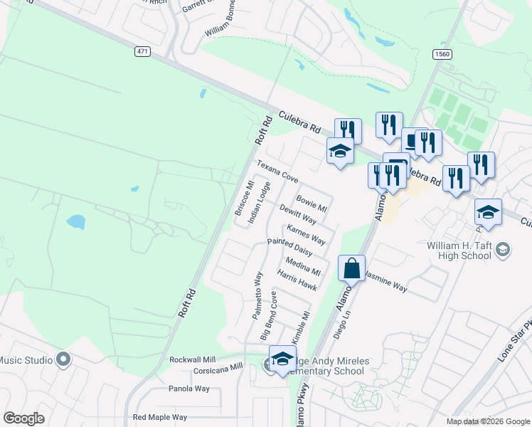map of restaurants, bars, coffee shops, grocery stores, and more near 6742 Indian Lodge in San Antonio