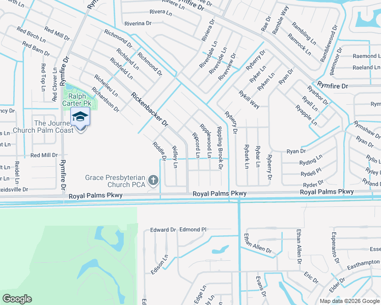 map of restaurants, bars, coffee shops, grocery stores, and more near 93 Rickenbacker Drive in Palm Coast