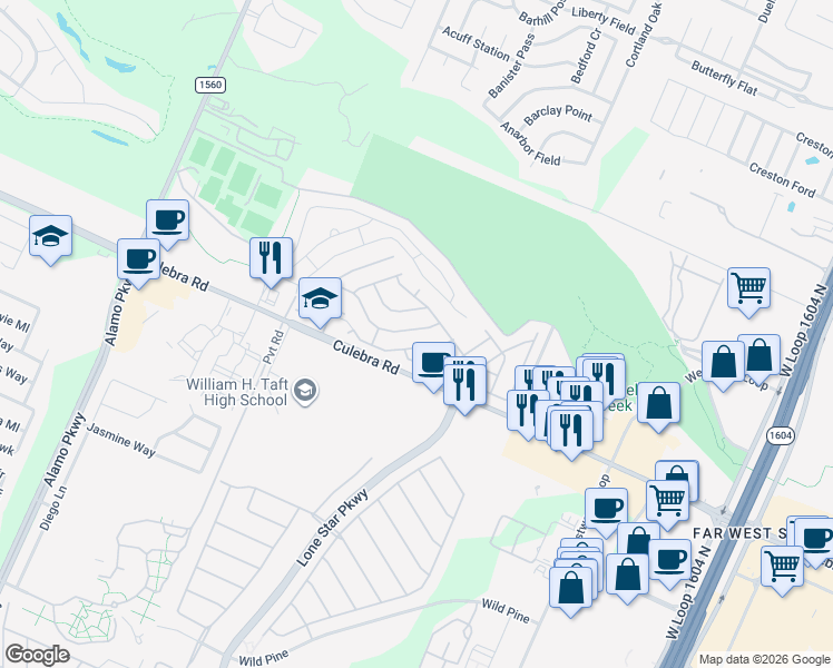 map of restaurants, bars, coffee shops, grocery stores, and more near 553 River Chase in San Antonio