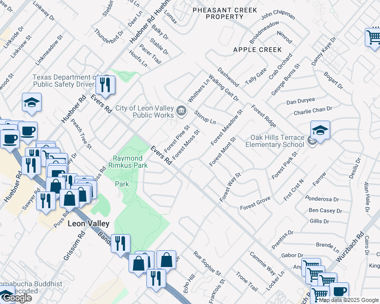 map of restaurants, bars, coffee shops, grocery stores, and more near 6200 Forest Circle in San Antonio