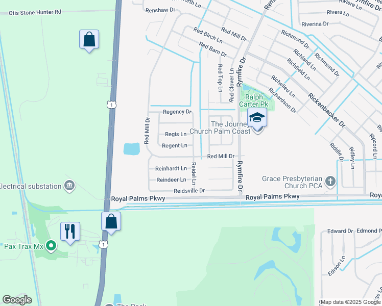 map of restaurants, bars, coffee shops, grocery stores, and more near 1 Regency Drive in Palm Coast