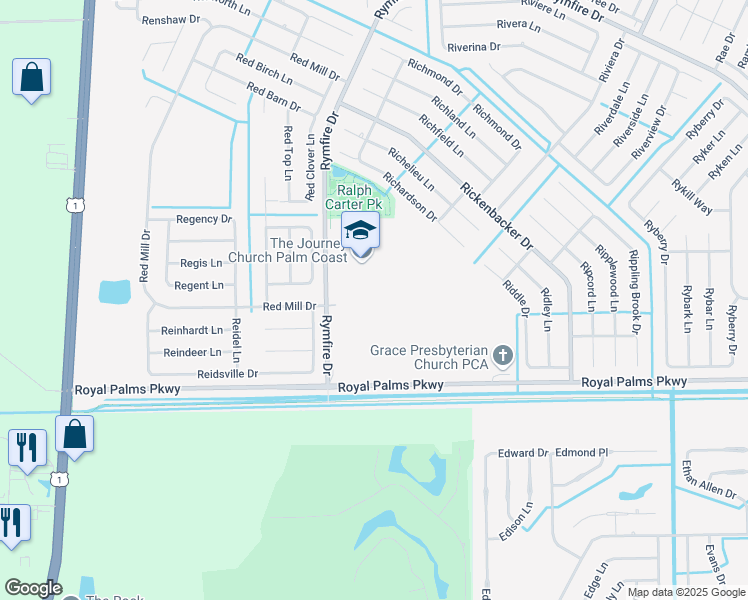 map of restaurants, bars, coffee shops, grocery stores, and more near 1425 Rymfire Drive in Palm Coast