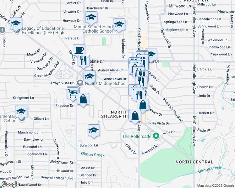 map of restaurants, bars, coffee shops, grocery stores, and more near 121 Shearer Hills Drive in San Antonio