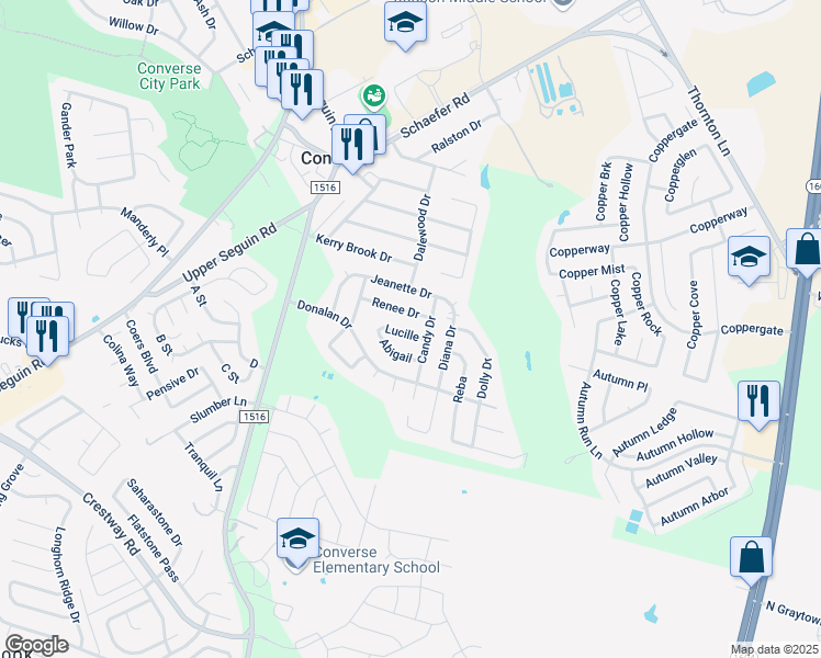 map of restaurants, bars, coffee shops, grocery stores, and more near 335 Lucille in Converse