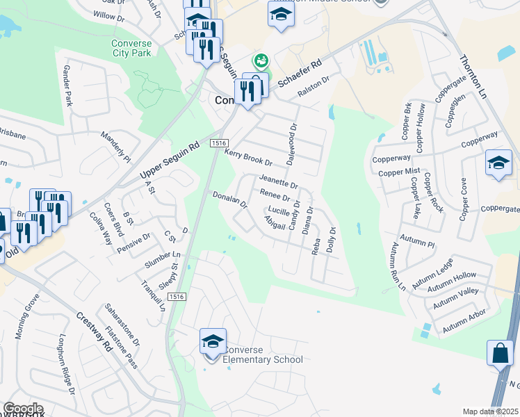 map of restaurants, bars, coffee shops, grocery stores, and more near 406 Abigail in Converse