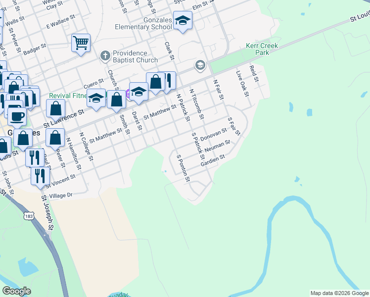 map of restaurants, bars, coffee shops, grocery stores, and more near 1330 Donovan Street in Gonzales