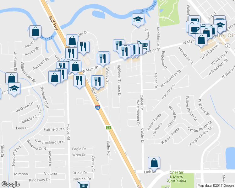 map of restaurants, bars, coffee shops, grocery stores, and more near 170 Highland Terrace Drive in League City