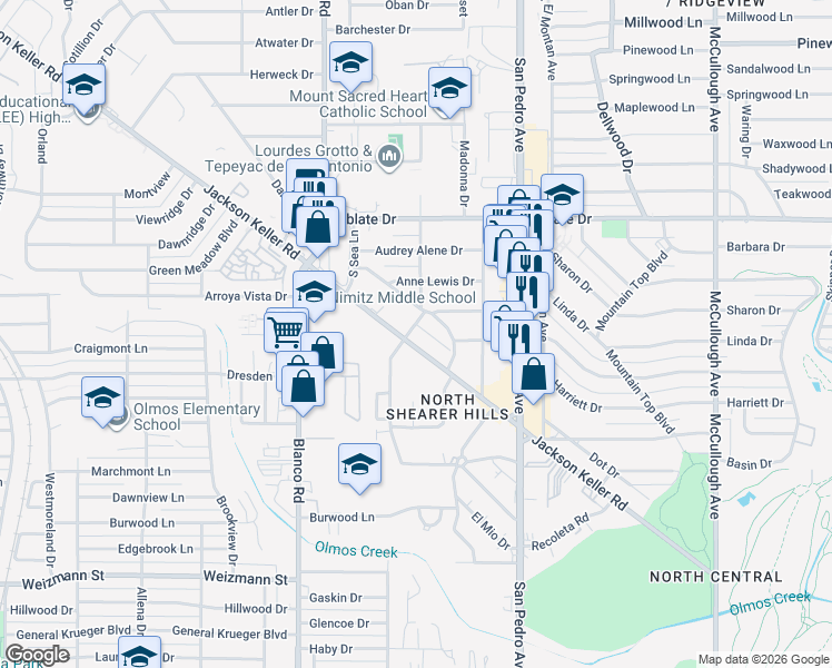 map of restaurants, bars, coffee shops, grocery stores, and more near 623 Jackson Keller Road in San Antonio