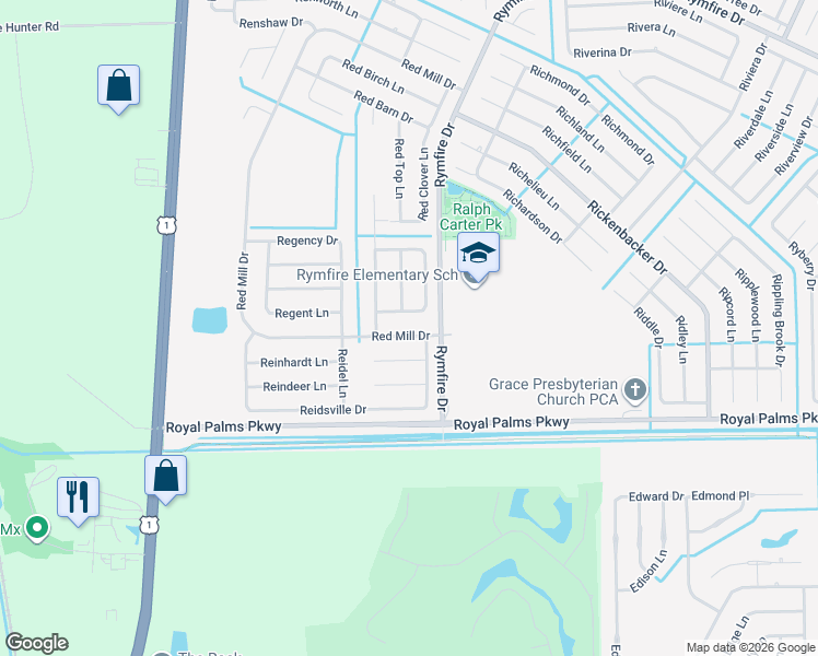 map of restaurants, bars, coffee shops, grocery stores, and more near 10 Red Mill Dr in Palm Coast