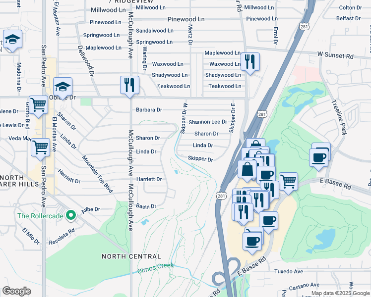 map of restaurants, bars, coffee shops, grocery stores, and more near 410 Linda Drive in San Antonio