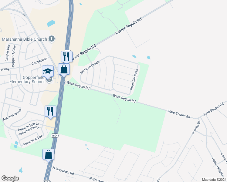 map of restaurants, bars, coffee shops, grocery stores, and more near 10402 Macarthur Way in Converse