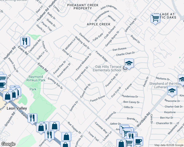 map of restaurants, bars, coffee shops, grocery stores, and more near 6023 Forest Shadow St in San Antonio