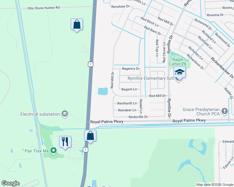 map of restaurants, bars, coffee shops, grocery stores, and more near 50 Red Mill Drive in Palm Coast