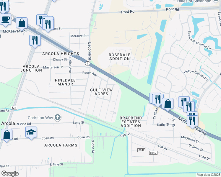 map of restaurants, bars, coffee shops, grocery stores, and more near 5710 Jerry Street in Rosharon