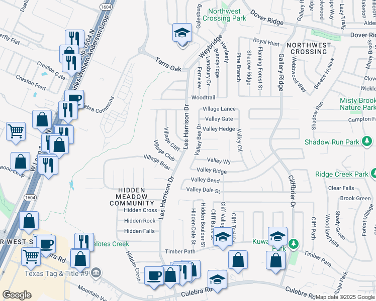 map of restaurants, bars, coffee shops, grocery stores, and more near 6214 Les Harrison Drive in San Antonio