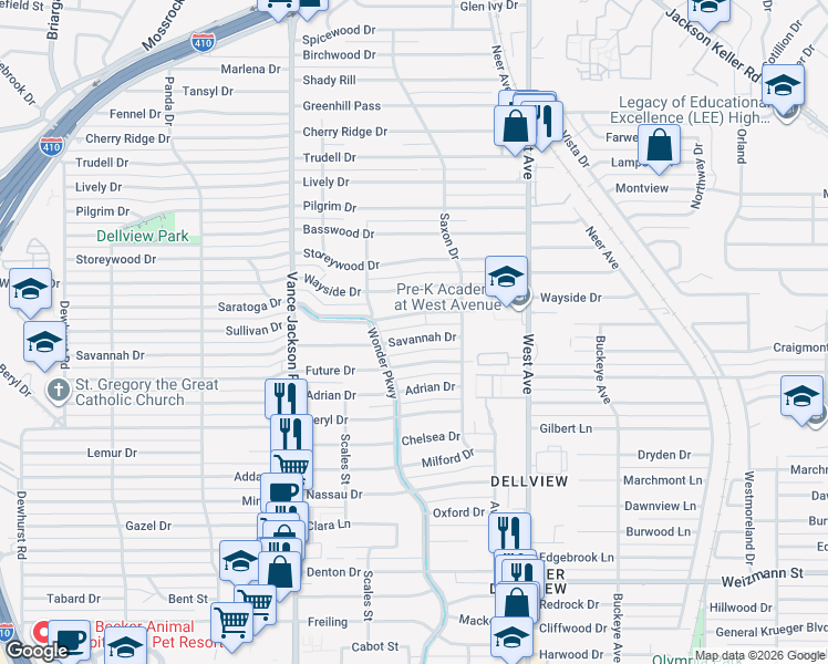 map of restaurants, bars, coffee shops, grocery stores, and more near 139 Savannah Drive in San Antonio