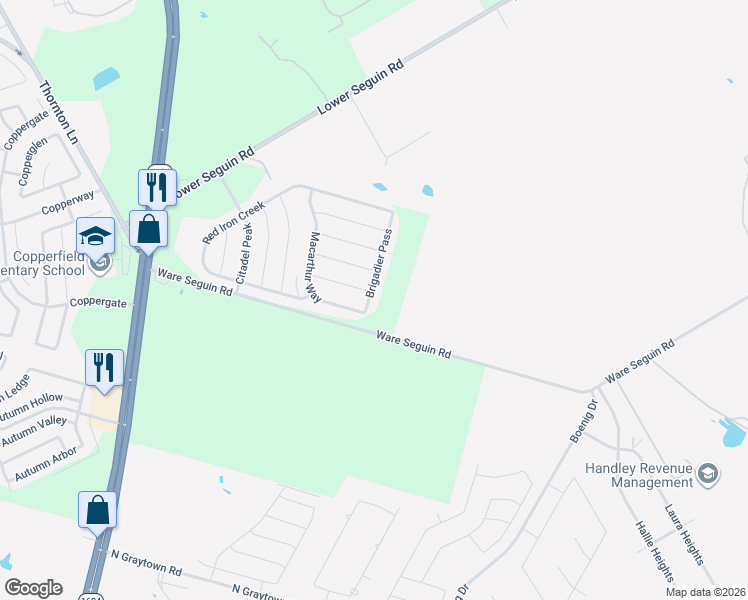 map of restaurants, bars, coffee shops, grocery stores, and more near 7612 Brigadier Pass in Converse