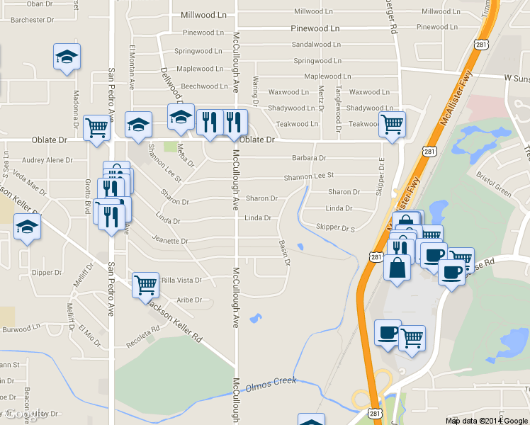 map of restaurants, bars, coffee shops, grocery stores, and more near 327 Linda Drive in San Antonio