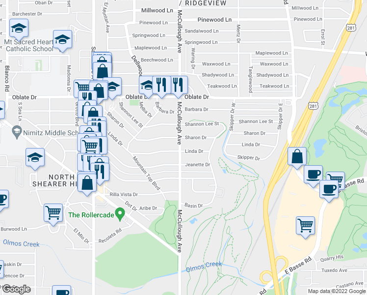 map of restaurants, bars, coffee shops, grocery stores, and more near 307 Linda Drive in San Antonio