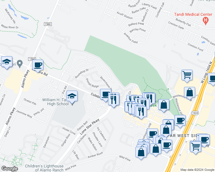 map of restaurants, bars, coffee shops, grocery stores, and more near 553 River Chase in San Antonio
